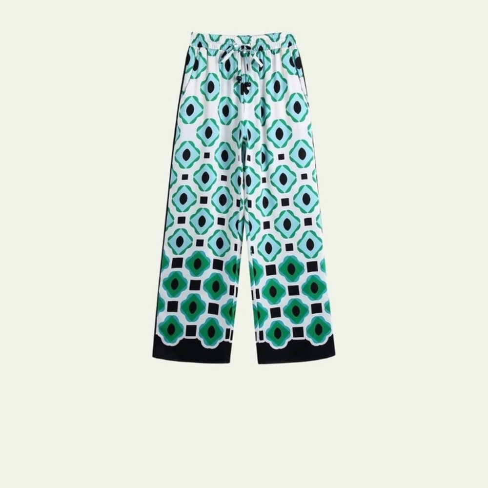 Zara Geometric Green and Black Wide-Leg Pants